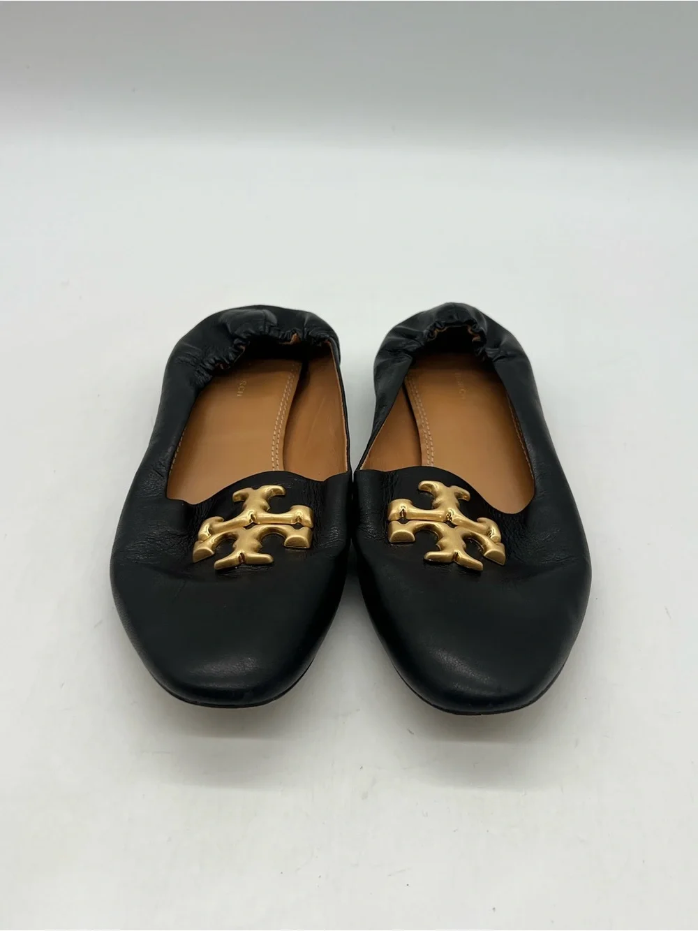 Tory Burch Eleanor Logo Goat Women 8.5M Black Leather Flat Loafers Shoes